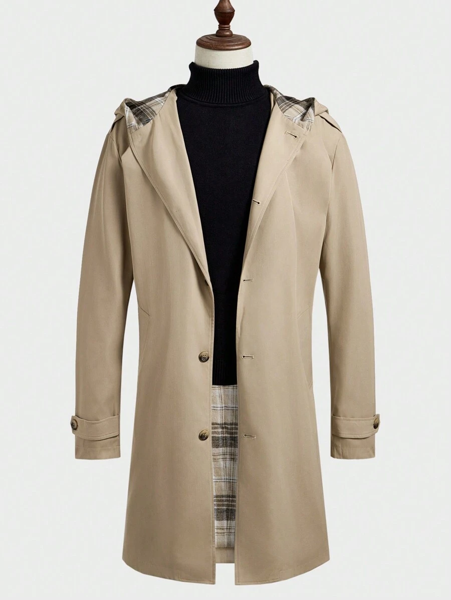 Manfinity Homme Men Solid Hooded Long Sleeve Button Front Trench Coat - Khaki - View 1