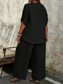 EMERY ROSE Ensemble top à encolure encochée, manches à rouler et pantalon à jambes larges