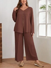 EMERY ROSE Plus Size Women's Plain Simple Daily Long Sleeve Top And Pants Two Pieces Set - Mocha Brown - View 3