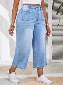 Firerie Pantalones vaqueros rectos de tiro alto y pierna ancha de talla grande en azul, aptos para uso casual y vacaciones