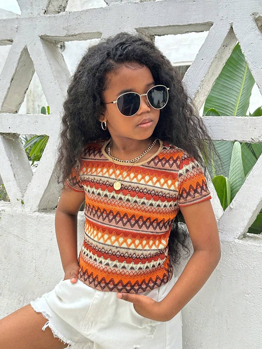 SHEIN 青少女日常休閒針織條紋和印花圓領長袖上衣 - 彩色 - 查看 1