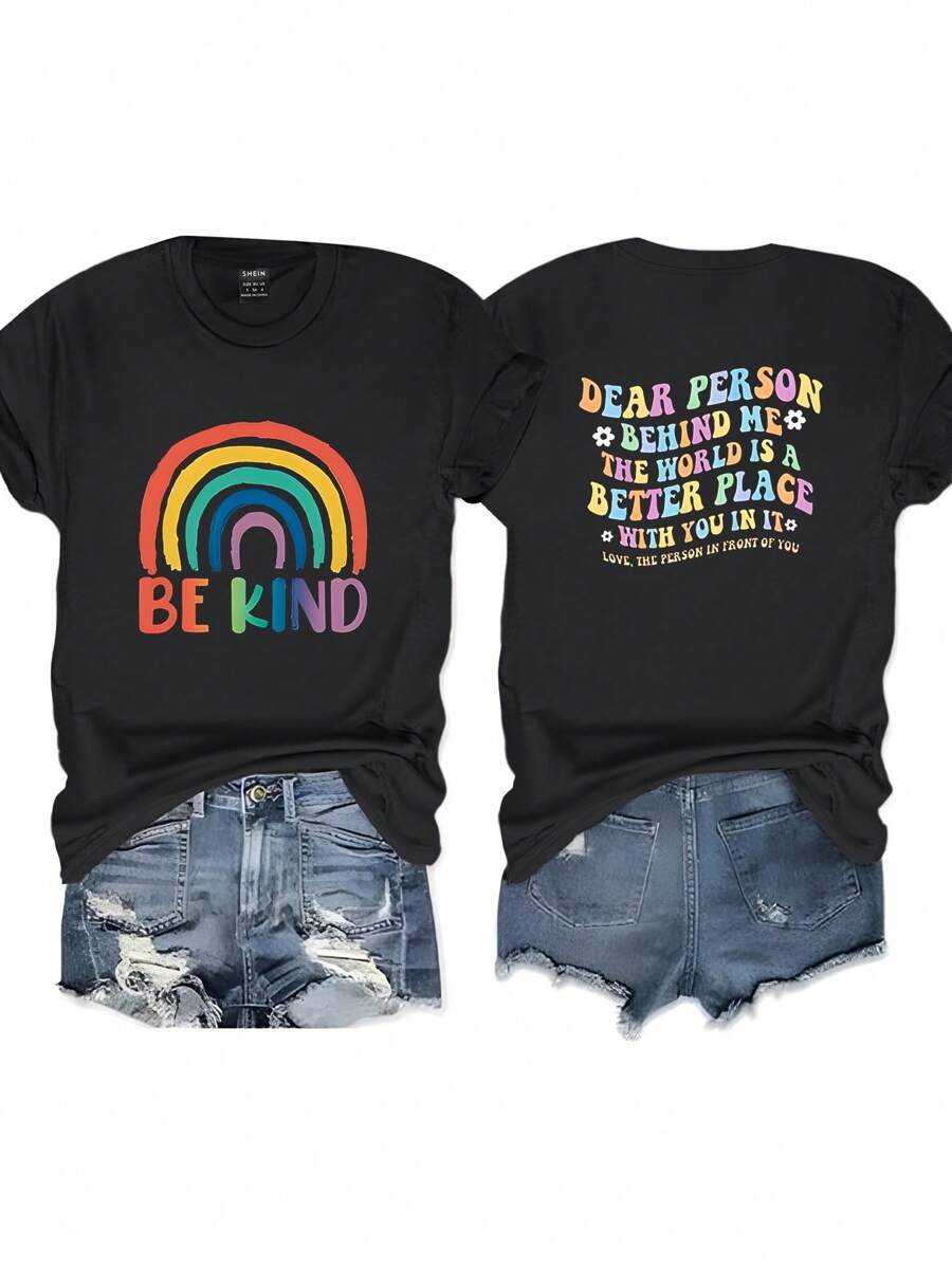INAWLY Plus Size Rainbow Alphabet Graphic Áo thun nữ, Mùa hè NGƯỜI KÍNH MANG PHÍA SAU TÔI THẾ GIỚI LÀ MỘT NƠI TỐT HƠN VỚI BẠN TRONG NÓ TÌNH YÊU, NGƯỜI TRƯỚC TRƯỚC BẠN - màu đen - Xem 1