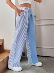 EURMUSE Cozy Low Waist Striped Print Patchwork Casual Pants - Blue - View 6