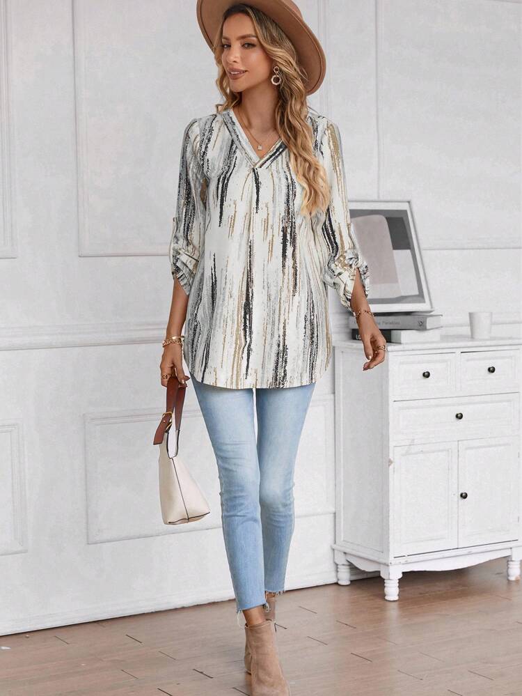 Women's Printed Rolled-Up Sleeve Shirt With Curved Hem Casual Women Blouses Teacher Shirts Work Women Blouses Fall Women Shirts