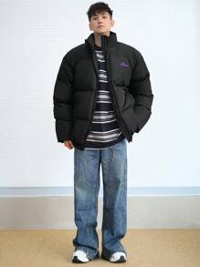 DAZY Men's Loose Letter Printed Open-Front Padded Coat, Winter Jacket - Black - View 9