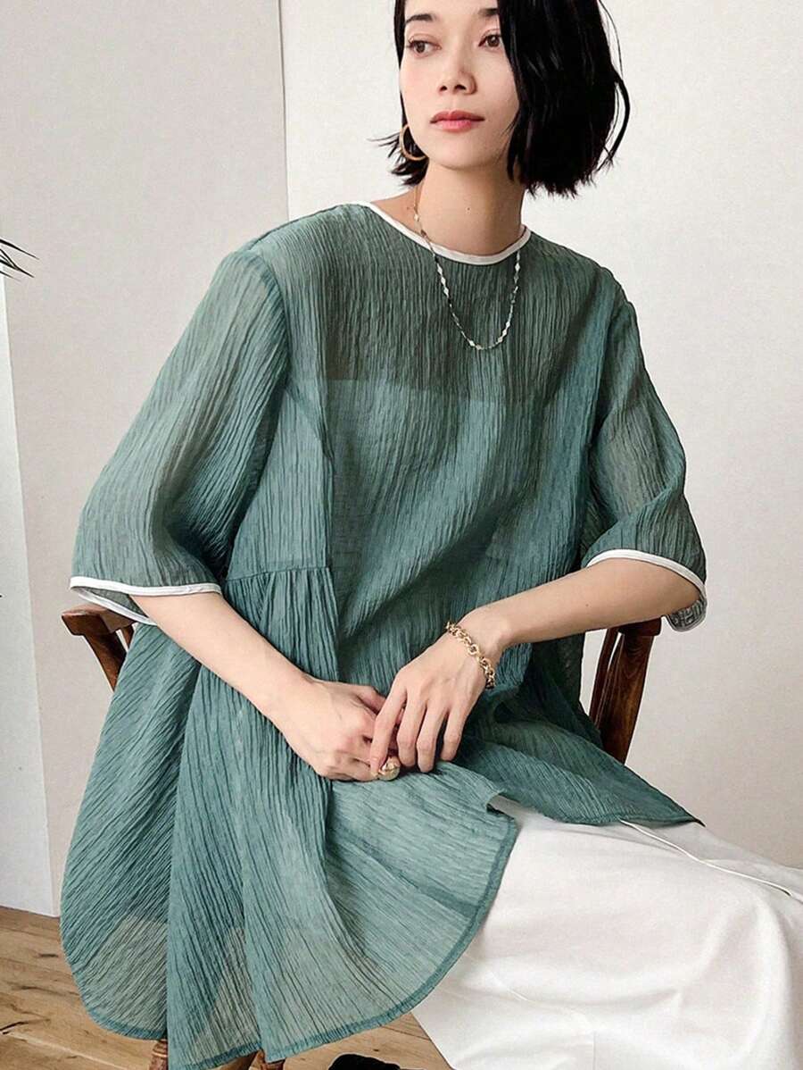 FRIFUL Áo kiểu nữ đơn giản với viền tương phản, xếp ly ở gấu áo, thích hợp cho lễ Phục sinh. - màu xanh lá - Xem 1