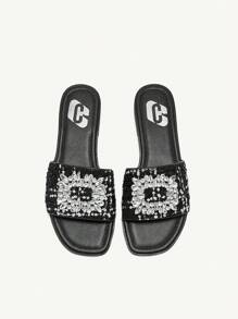 CUCCOO CHICEST Square Toe Comfortable Rhinestone Buckle Women's Flat Sandals, Fashionable Halloween - Black - View 1