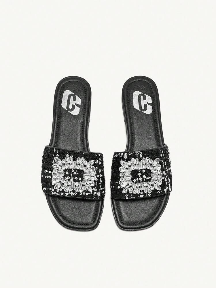 CUCCOO CHICEST Square Toe Comfortable Rhinestone Buckle Women's Flat Sandals, Fashionable Halloween