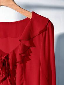 Firerie Women's Asymmetrical Lapel Collar Long Sleeve Shirt With Ruffle Hem For Spring/Summer - Red - View 4