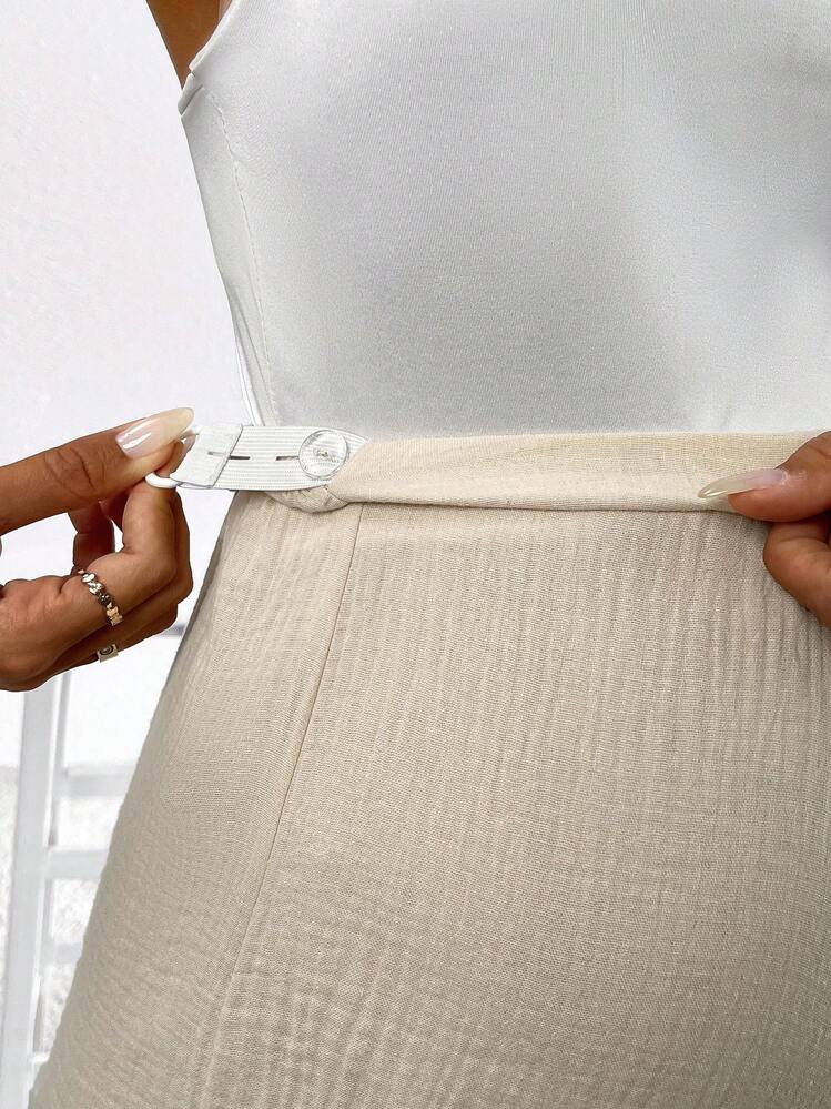 SHEIN Bộ 2 chiếc quần ngắn tay màu trơn dành cho bà bầu có nút phía trước và quần thường ngày có nút - Màu Khaki - Xem 7