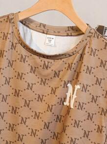 SHEIN Kids' & Tween Boys' Extended Size Casual Printed Wide Strap Round-Neck Tank Top And Shorts Knit 2pcs Outfit - Khaki - View 3