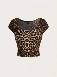 SHEIN Essnce Summer Casual Leopard Print Crew Neck Women's Slim Fit T-Shirt Inside Out Airport Outfit Teacher T-Shirt Back To School T-Shirt Old Money Style Outfits Going Out Top,2pcs