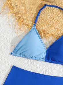 Tween Girl Two Tone Halter Triangle Swim Top & Swim Bottom Bikini Set Summer Beach - Blue - View 4