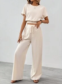 SHEIN Tall 女士裤子套装宽松纹理纯色休闲两件套西装 - 杏色 - 查看 3