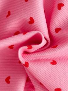 SHEIN 嬰兒女孩心形紋織物保暖睡衣套裝，長袖上衣和長褲，舒適親膚 - 淺粉色 - 查看 4