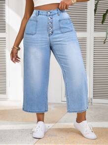 Firerie Pantalones vaqueros rectos de tiro alto y pierna ancha de talla grande en azul, aptos para uso casual y vacaciones