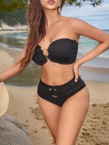 SHEIN Swim Women's Swimwear Set, Separated Bikini Set, Wire-Free, Black Elegant Series Ruched Bikini Set Summer Beach - Black - View 8