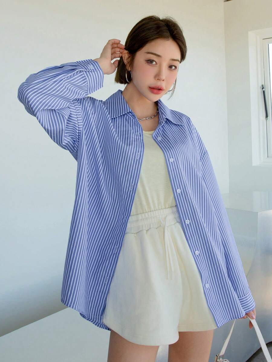 DAZY Áo sơ mi dài tay kẻ sọc, trang phục công sở thường ngày, mùa thu, quần áo nữ mùa thu - Xanh đậm - Xem 1