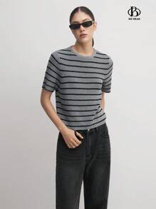 Women's Knitted Short Sleeve Top, Apricot & Black Stripes Business Casual Women