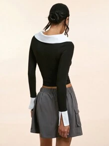 Forever 21 Women's Spring/Summer Color-Blocked Peter Pan Collar Long Sleeve Slim Fit T-Shirt