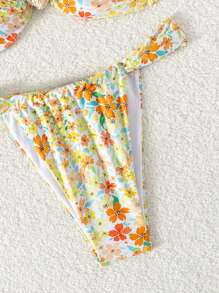 Bikini de mujer con estampado integral, Top con tirantes anchos y Bottom con decoración de lazo (estampado aleatorio) para verano