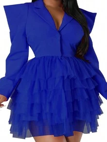 立領領口，荷葉邊修飾，分層下擺連身裙 - 藍色 - 查看 3