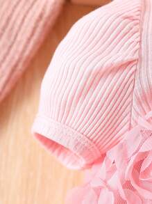 时尚可爱女婴优雅 3D 花朵玫瑰拼布泡泡袖上衣和纯色喇叭裤套装 - 粉色 - 查看 8