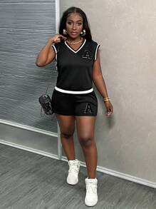Slaydiva Conjunto de chaleco holgado sin mangas estilo universitario con cuello en V y pantalones cortos holgados con parche -E - Negro - Ver 7