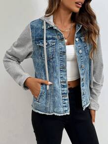 SHEIN LUNE Women's Button-Front Drawstring Pocket Denim Patchwork Jacket With Frayed Edges - Light Wash - View 3
