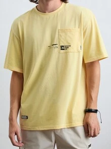Manfinity VCAY Men's Knitted Fashionable & Casual Mountain Pattern Loose Short Sleeve T-Shirt, Daily Wear.Graphic T Shirt .Funny T Shirt. Yellow  T Shirt.Graphic Men T Shirt