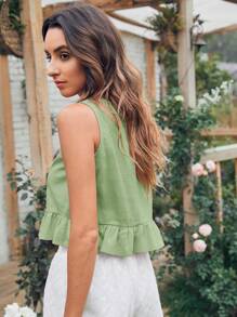 Breezaya Solid Casual Ruffle Hem Top For Summer - Green - View 2
