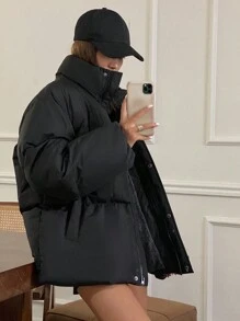 DAZY 女士纯色简约长袖羽绒服，适合日常穿着，冬季女装，女士冬装外套，保暖内衬夹克 - 黑色 - 查看 8