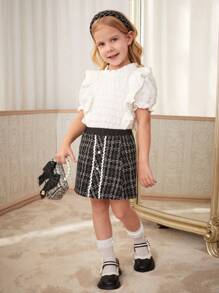 SHEIN 2pcs/Set Little Girls Elegant Commute Casual Ruffle Collar Puff Sleeve T-Shirt And Boucle A-Line Skirt Outfit, Back To School