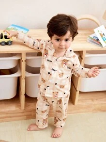 Baby/Toddler Boys' Casual 2pcs Set - Brown Plaid Heart & Letter Bear Print Long Pants, Long Sleeve Cardigan, Loungewear - Multicolor - View 7