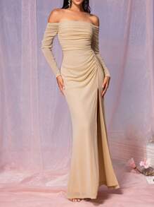 SHEIN Belle Women's Elegant Khaki Stretch Korean Net Silver Silk Fabric Off Shoulder Long Sleeve Tube Top Gathered Fit High Slit To The Thigh A-Line Hem Suitable For Wedding Events Formal Bridesmaid Dress