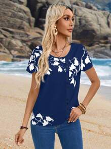 EMERY ROSE Áo sơ mi cổ tròn in hoa - Màu xanh lam - Xem 3