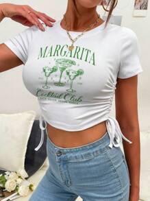 Chiquease Mushroom & Letter Graphic Drawstring Side Crop Tee - White - View 6