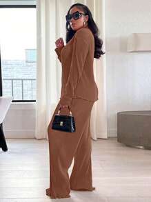 2pcs Women's Fashionable Puff Sleeve Blouse And Comfortable Wide Leg Pants Leisure Outfit
