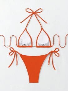 SHEIN Swim 純色露背綁帶夏季海灘比基尼套裝 - 亮橙色 - 查看 6