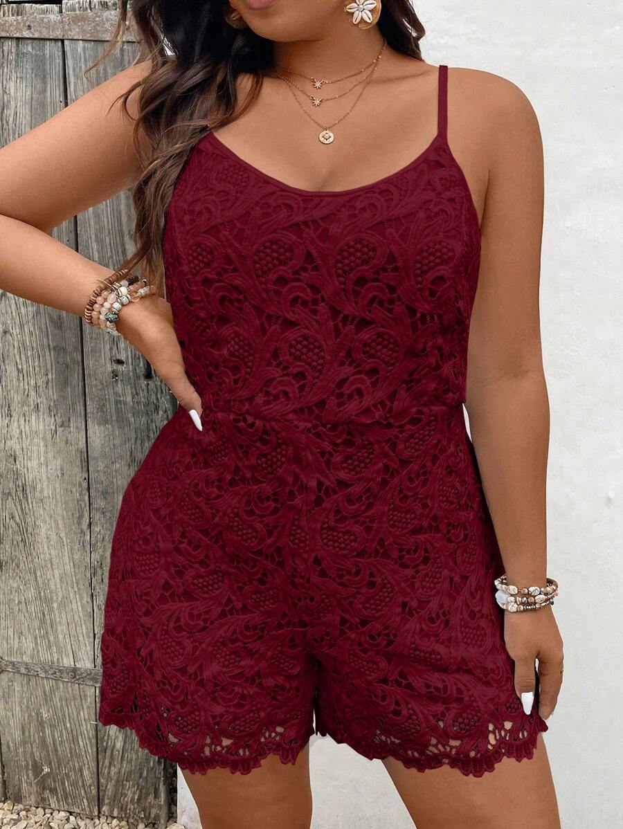 SHEIN Clasi Cộng với áo liền quần ren ren gu guin - Màu Đỏ Sâu - Xem 1