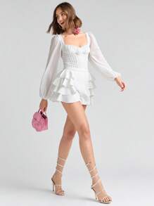 Enchnt 甜蜜心形領口燈籠袖褶皺胸前上衣 - 白色 - 查看 7