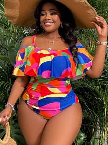 Slaydiva Plus Size Summer Beach Print Ruched Lace Off Shoulder One-Piece Swimsuit - Multicolor - View 4