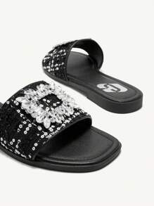 CUCCOO CHICEST Square Toe Comfortable Rhinestone Buckle Women's Flat Sandals, Fashionable Halloween - Black - View 9