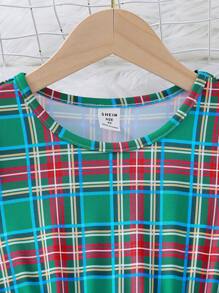 Vestido verde casual con estampado de tartán digital, manga larga, escote redondo y línea A para niñas, primavera y otoño - Verde - Ver 3