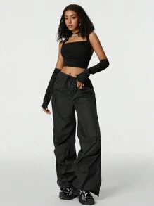 Muchica Bộ áo không tay dạo phố màu đen có nếp gấp phía trước & Bộ quần có dây rút - màu đen - Xem 1