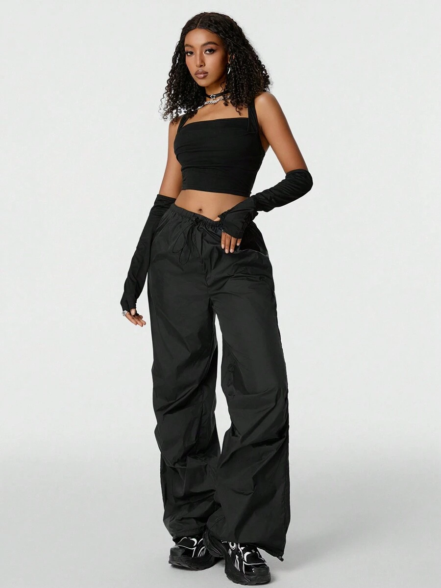 Muchica Bộ áo không tay dạo phố màu đen có nếp gấp phía trước & Bộ quần có dây rút - màu đen - Xem 1