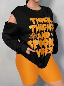 SHEIN SXY Plus Size Women's Autumn Halloween Vibes Slogan Pattern Hollow Out Casual Off-The-Shoulder Sweater Autumn Women's Wear Graphic Tees Women