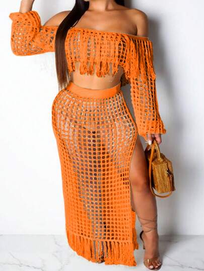 Slaydiva 大碼假日毛絨針織空心鉤花流蘇開叉裙