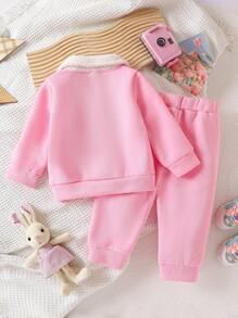 女婴休闲拼色保暖连帽衫和裤子套装，秋冬 - 粉色 - 查看 2