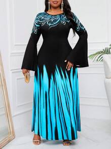 SHEIN Lady Vestido largo de manga larga con estampado azul degradado, vuelo y cintura recogida para mujeres de talla grande, vestidos de boda y salidas - Multicolor - Ver 5